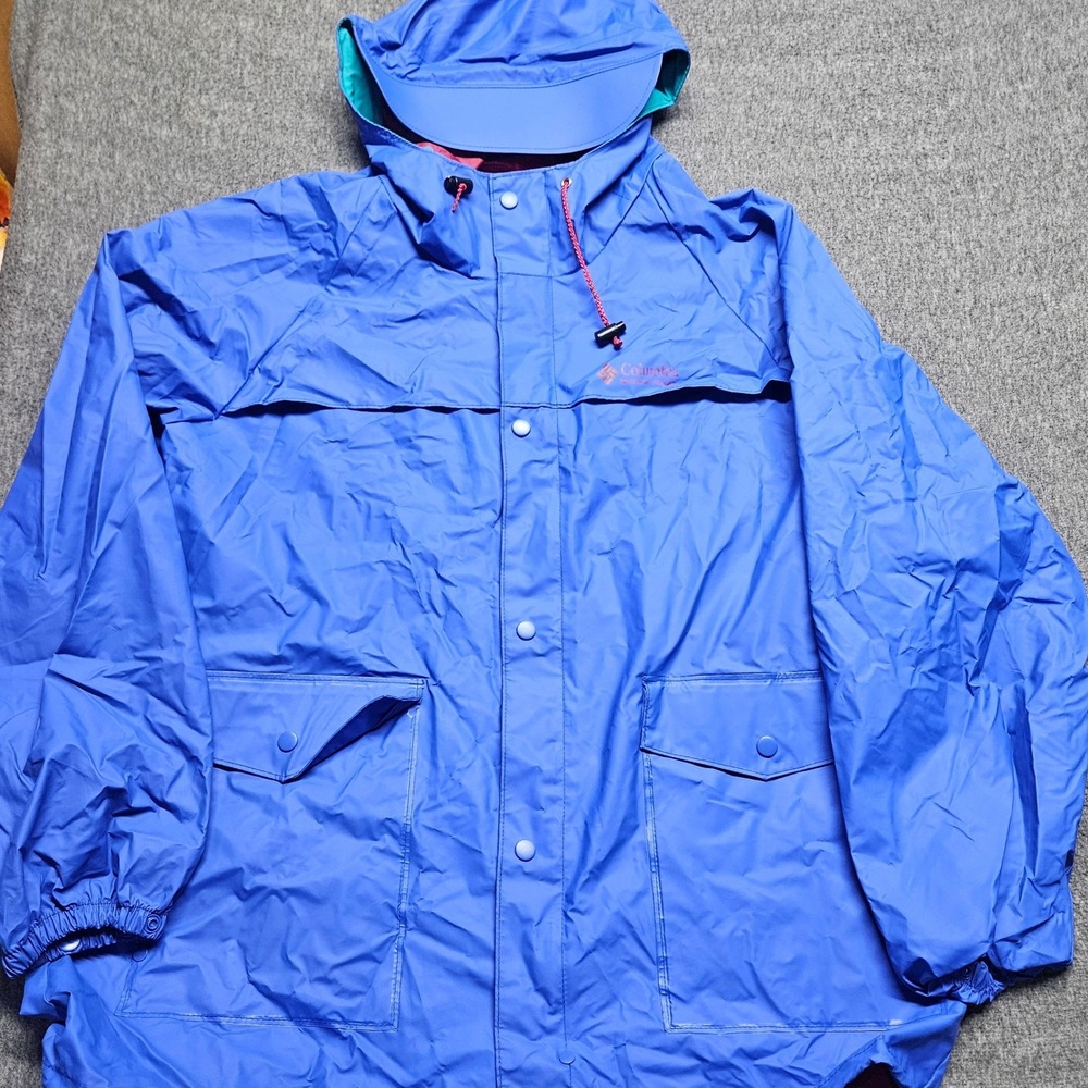Columbia Rain Jacket Men L Blue Vintage PVC Hooded Parka RM0120